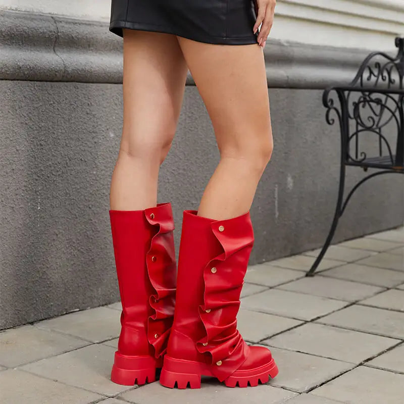 Onlymaker Women Platform Red Fold Over Boots Block Heel Round Toe Western Pull on Fashion Mid-Calf Female Boots