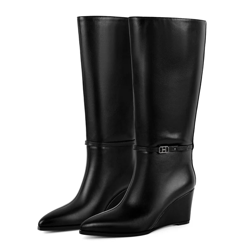 Onlymaker Women Pointed Toe Matte Wedge High Heel Knee High Boots Fall Winter Side Zipper Sexy Party Boots