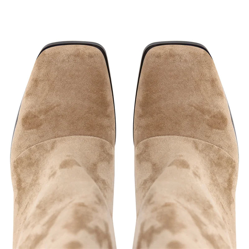 Onlymaker Square Toe Faux Suede Leather Knee-high Boots Chunky Heel Shoes Autumn Solid Slip On Fashion Elegant Boots