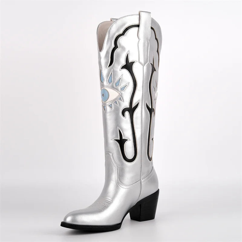 Onlymaker Women Pointed Toe Embroidered Eye Inlay Almond-Toe Wide Calf Knee High  Chunky Heel Western Cowgirl Boots