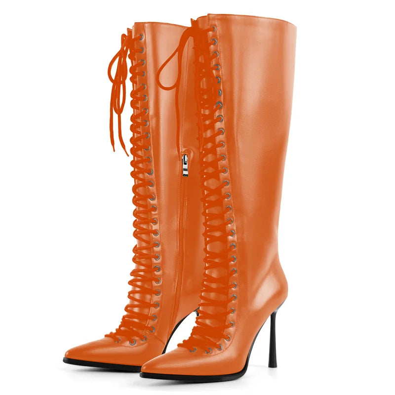 Onlymaker Pointed Toe Lace Up Faux Leather Knee-high Boots Thin Heel Side Zipper Fashion Elegant Boots
