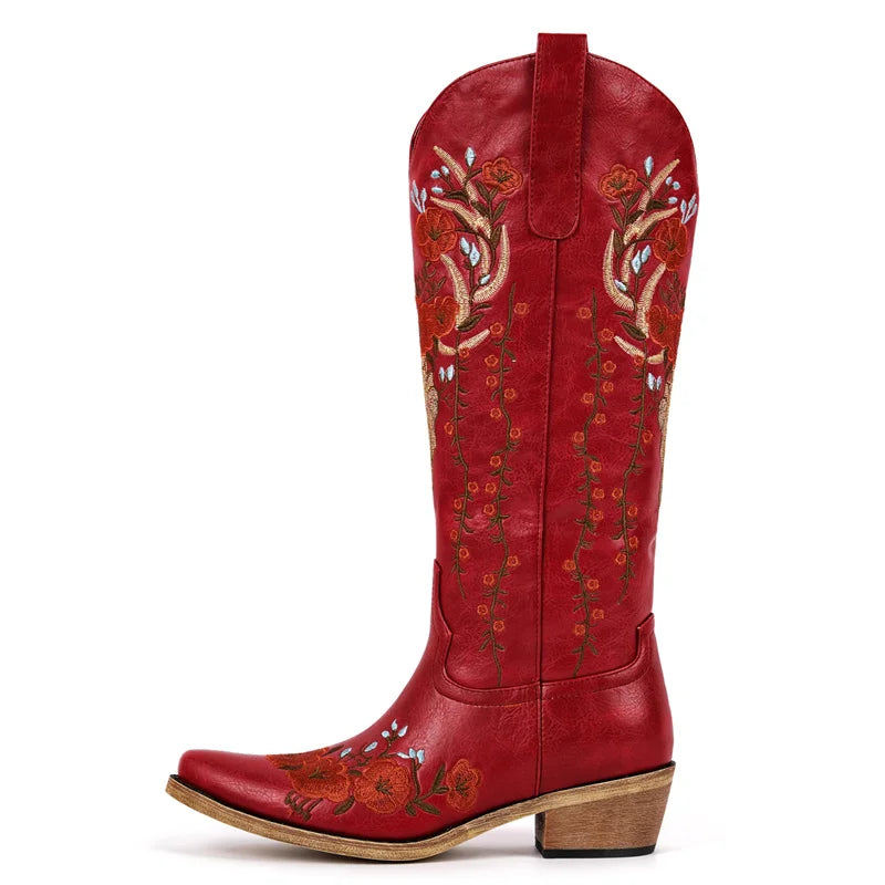 Onlymaker Women White Floral Western Embroidery Cowgirl Boots Pointed Toe Side Zipper Knee High with Chunky Heel  Boots