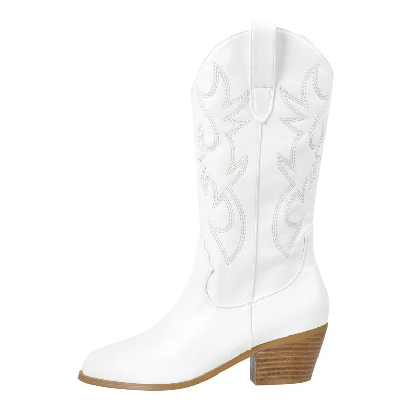 Women Pointed Toe White Embroidery Tapered Heel Round Up  Mid-Calf Big Size Western Cowboy Boots