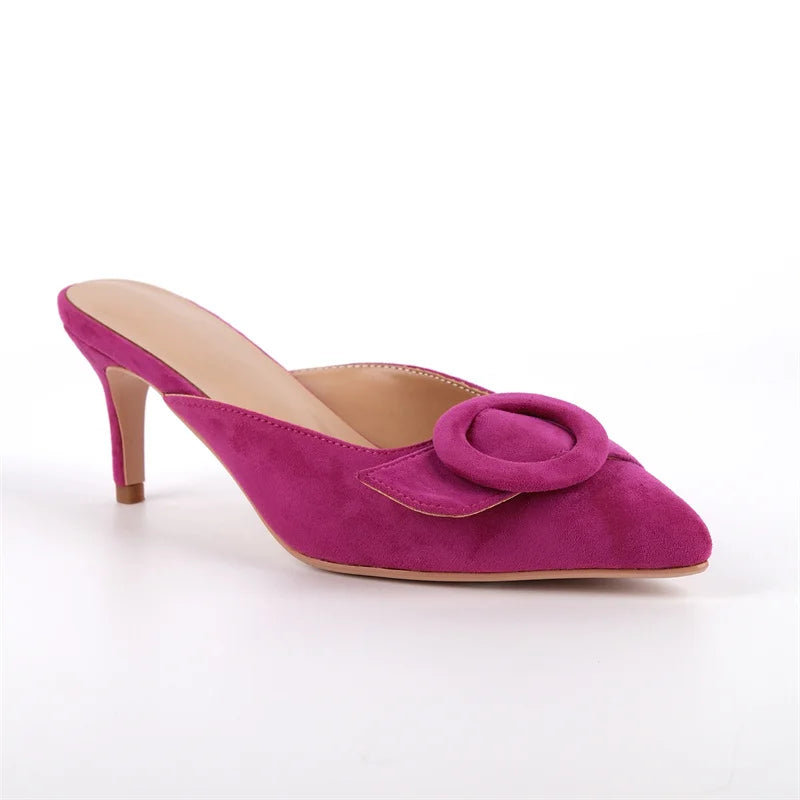 Women Pointed Toe Pink Faux Suede Kitten Heel Slip On Mules Shoes