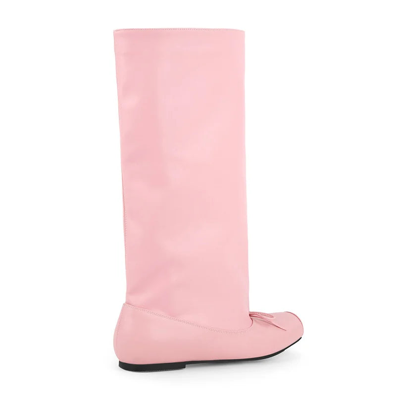 Women Pink Square Toe Bow Flat With Mid-Calf Boots Pull On Cowgirl Western Boots