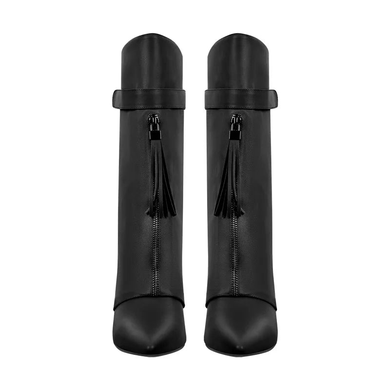Onlymaker Knee High Boots Women Pointed Toe Black Red Wedge Heel Fold Over Matte Boots Winter Fashion Big Size  Handmade Modern