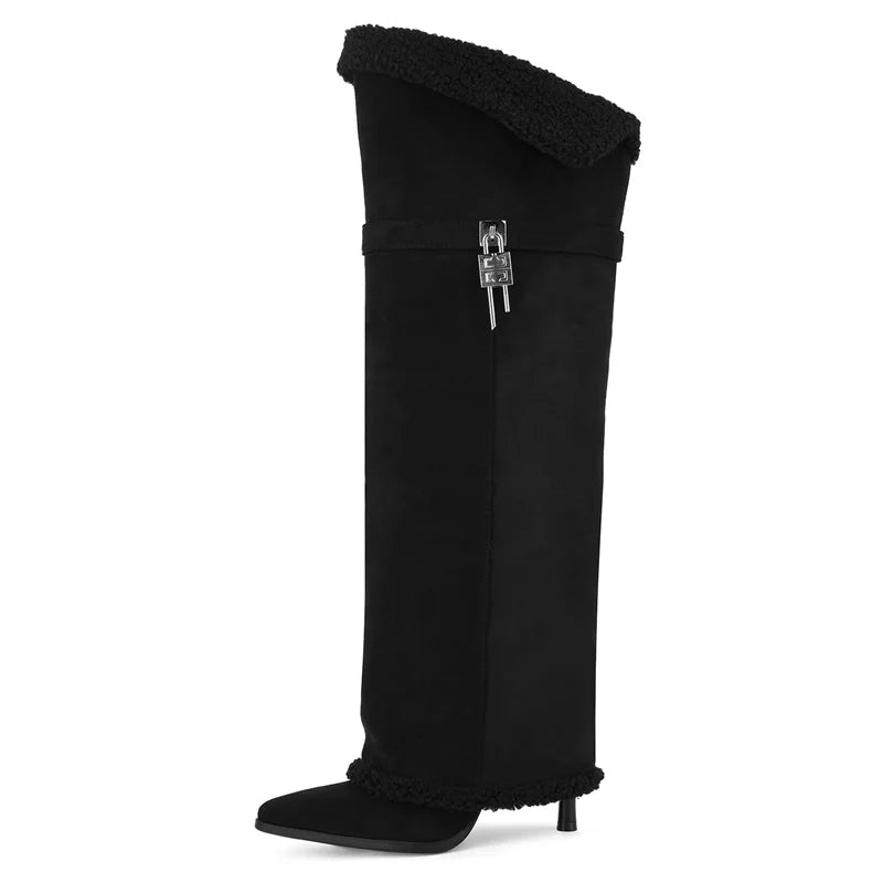 Onlymaker Women Pointed Toe Artificial Suede Lock Pull On Knee High Boots Thin Heel Wide Calf Stiletto Fold Over Boots