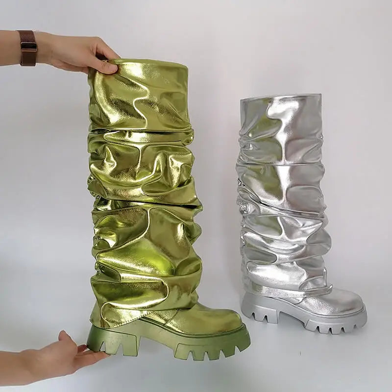 Onlymaker Women Green Round Toe Fold Over Boots Webs Fashion Handmade Female Mid-Calf Boots