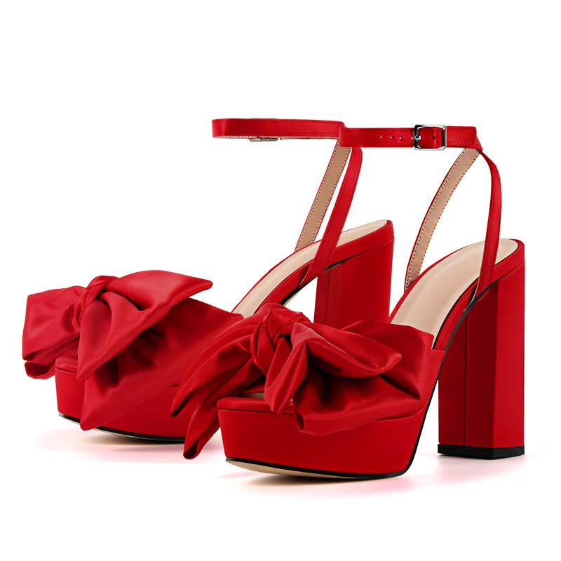 Women Red Open Toe Butterfly-knot Platform High Heeled Big Size Sandals