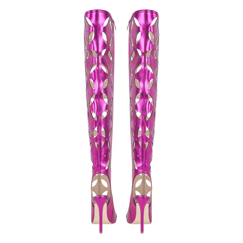 Onlymaker Women Fuchsia Long Boots Concise Peep Toe Stiletto High Heel Shoes Side Zipper Hollow Over The Knee Boots