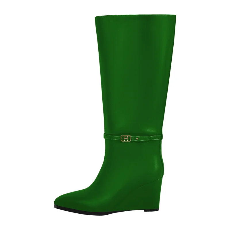 Onlymaker Women Pointed Toe Matte Wedge High Heel Knee High Boots Fall Winter Side Zipper Sexy Party Boots