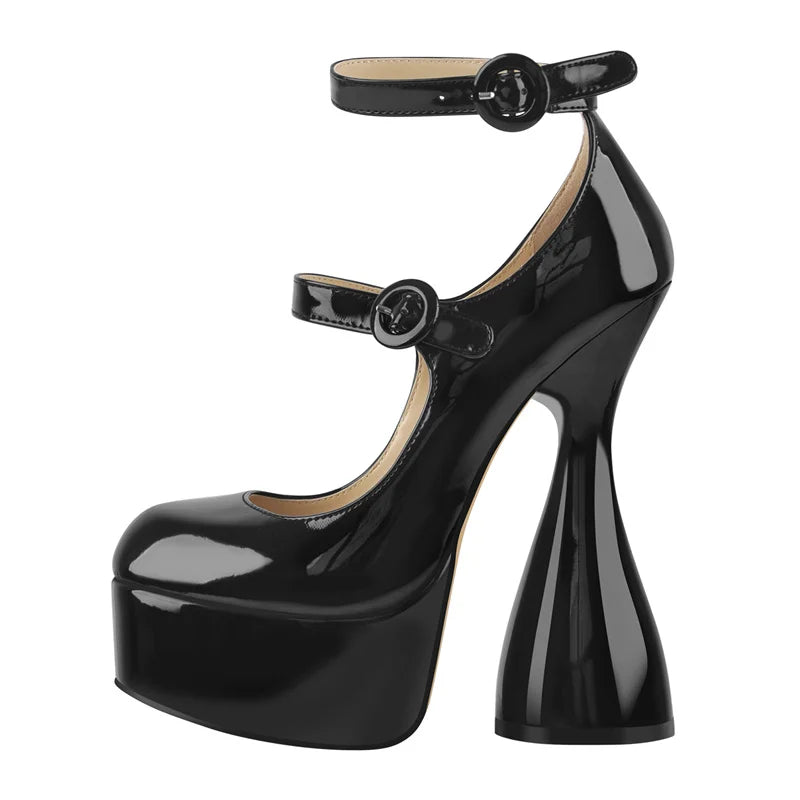 Women Pumps Platform Black Patent Leather Spike High Heels Slip-On Buckle Big Size Fashion Elegant Mary Jane Pumps
