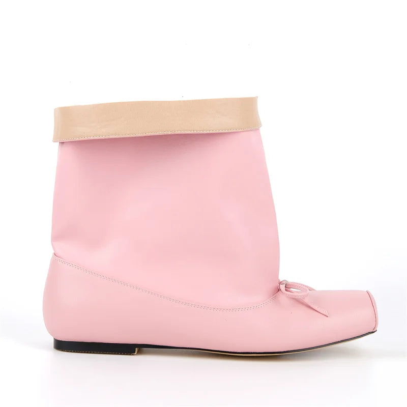 Women Pink Square Toe Bow Flat With Mid-Calf Boots Pull On Cowgirl Western Boots