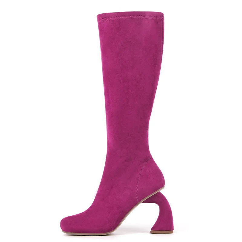 Onlymaker Women Square Toe The Knee Boots Side Zipper Shaped Heel High Boots