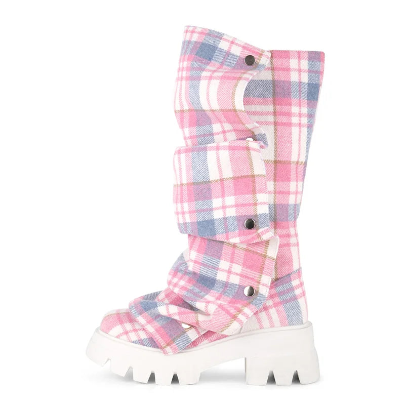 Onlymaker Women Platform Fold Over Boots Block Heel Round Toe Western Pull on Fashion Mid-Calf Female Boots