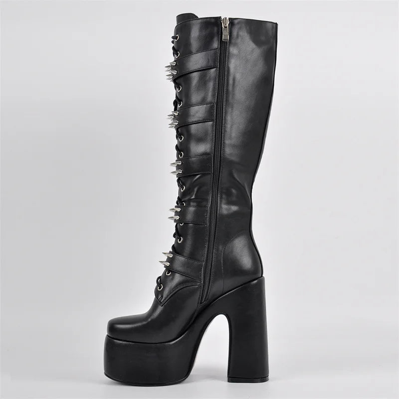 Onlymaker Round Toe Platform Boots Chunky Heel Buckle Gothic Boots Side Zipper Rock Couples Cosplay Biker Punk Boots