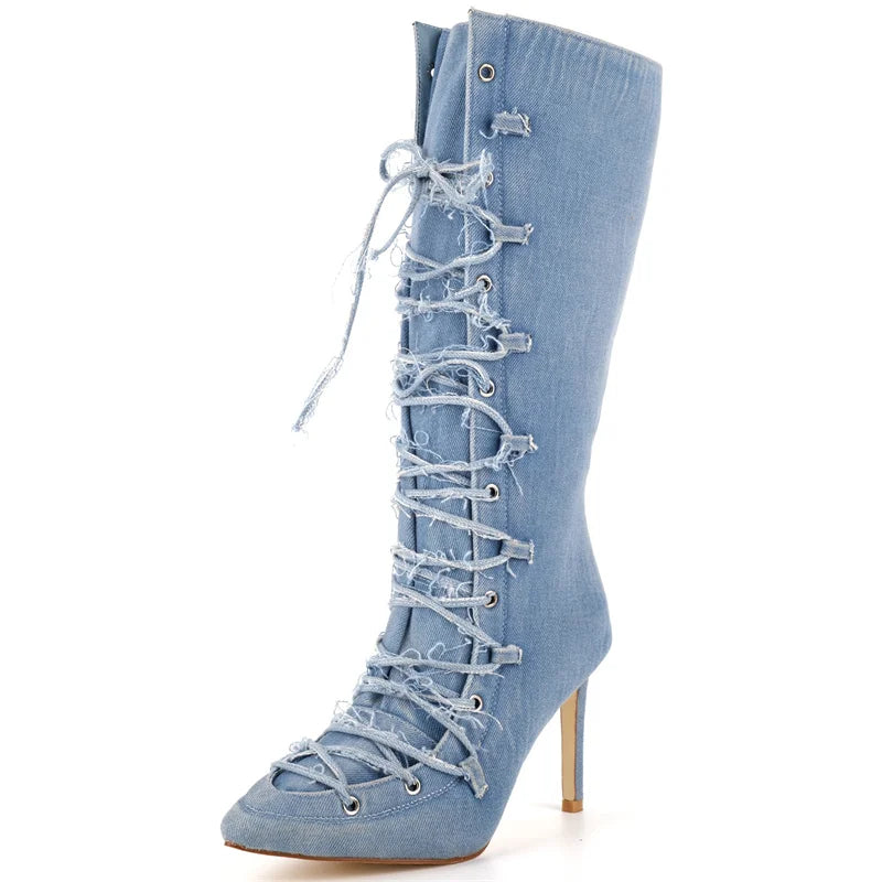 Women Pointed Toe Denim Strappy Retro Mid Calf Boots Side Zipper Thin High Heels Sexy Party Lace-up Stilettos Modern