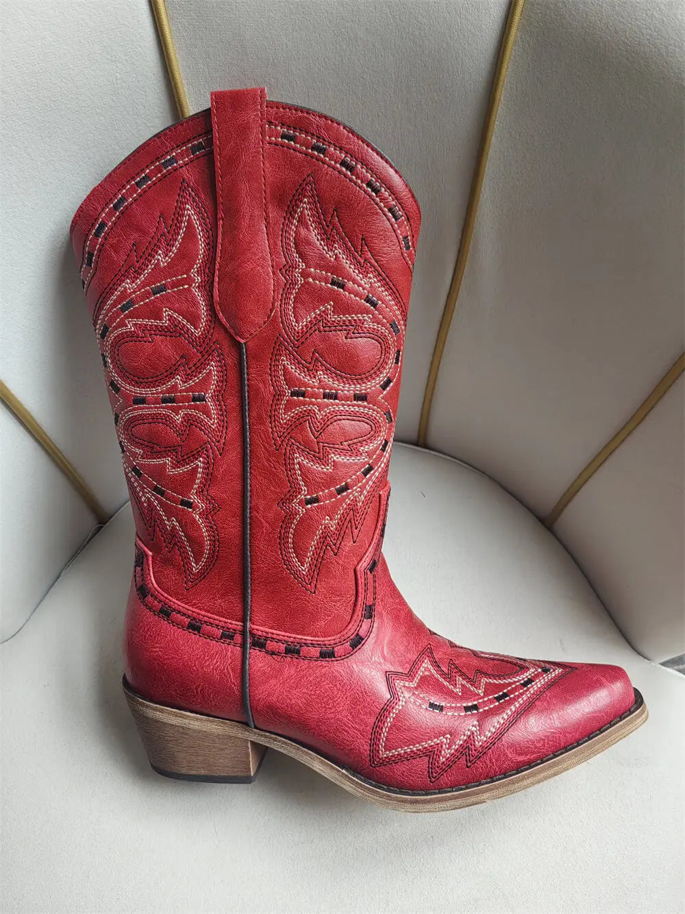 Womens Pointed Toe Embroidered Pull On Casual Boots Mid Calf Low Heel Cute Western boots