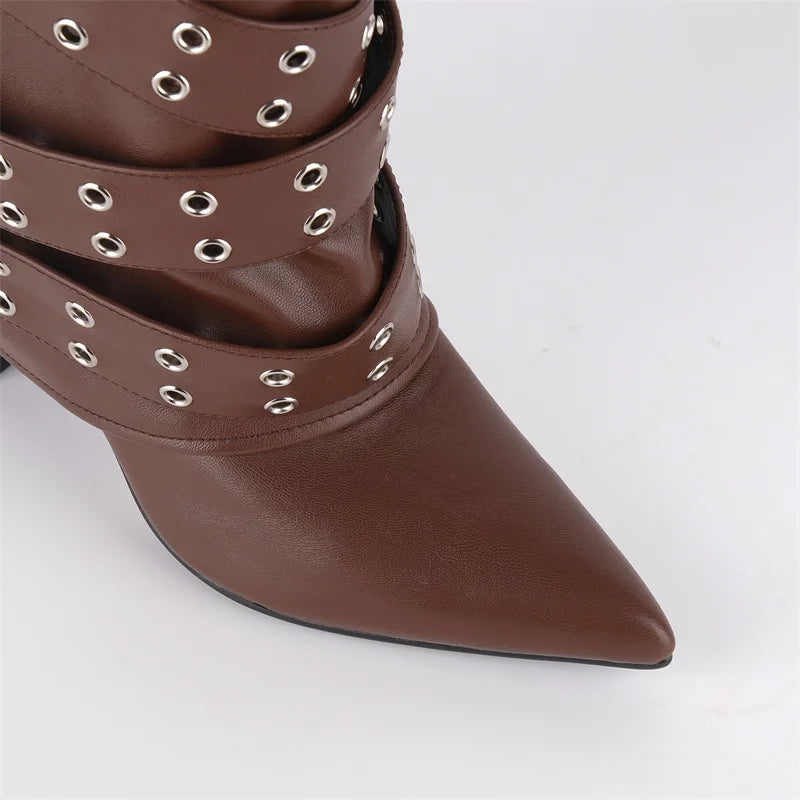 Pointed Toe Fold Over Buckle Strap Mid-Calf Boots Chunky Heel Shoes Autumn Solid Pull On Fashion Elegant Boots