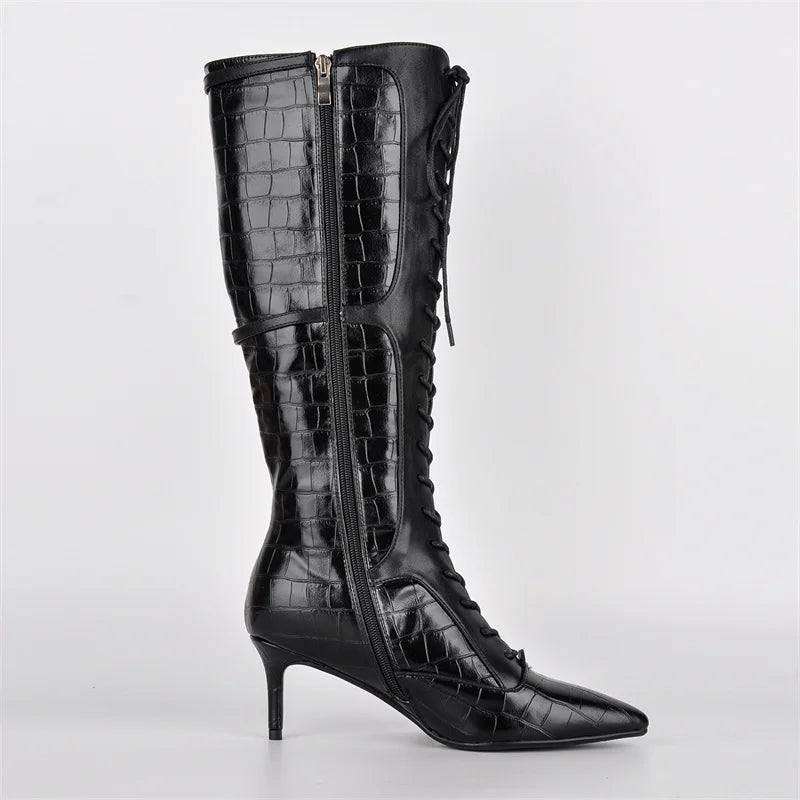 Onlymaker Women Pointed Toe Lace Up  Knee-high Boots Thin Heel Side Zipper Fashion Elegant Faux Leather Boots
