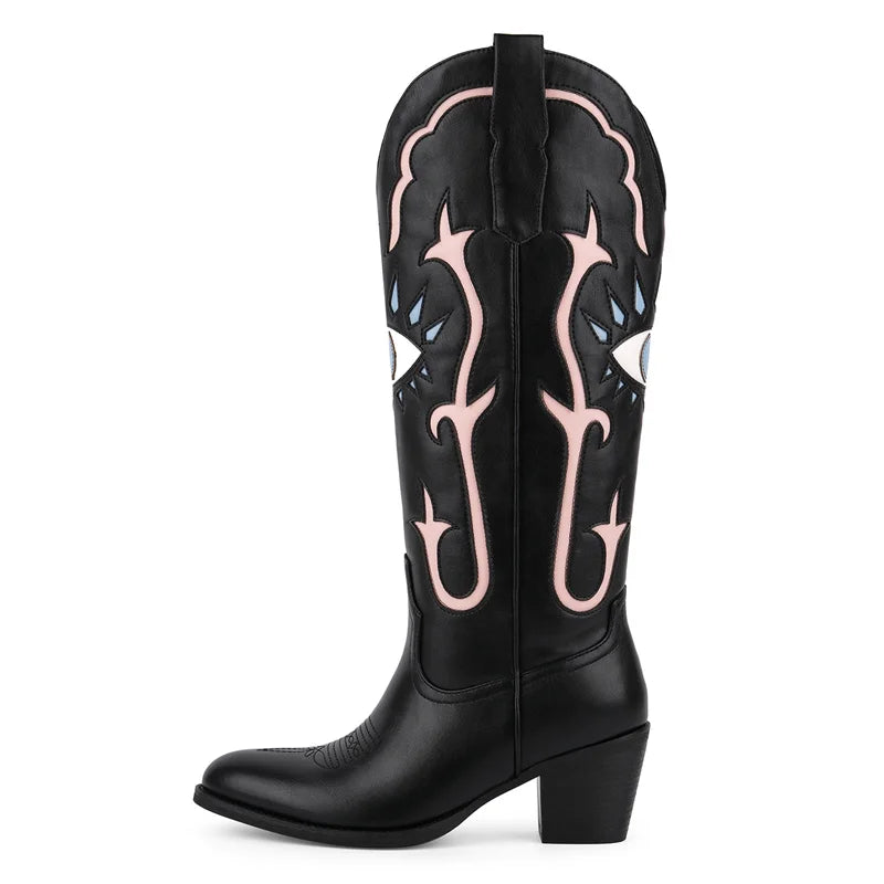 Onlymaker Women Pointed Toe Embroidered Eye Inlay Almond-Toe Wide Calf Knee High  Chunky Heel Western Cowgirl Boots
