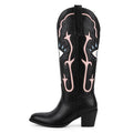Onlymaker Women Pointed Toe Embroidered Eye Inlay Almond-Toe Wide Calf Knee High  Chunky Heel Western Cowgirl Boots