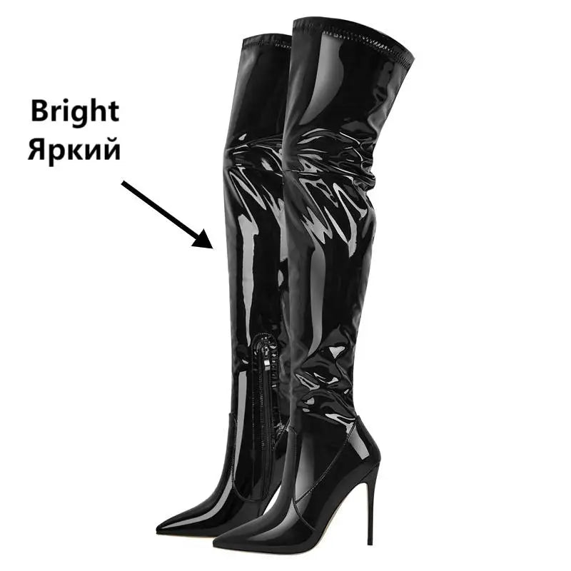 Onlymaker Women Pointed Toe Over the Knee Stretch High Boots Thin High Heel Stiletto Flock Zip Big Size Fashion Woman Boots