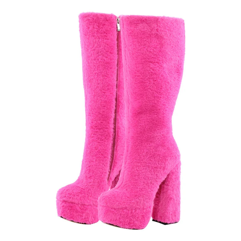Onlymaker Women Rose Pink Platform Round Toe Chunky Heel Fluffy  Side Zip Lady  Knee High Fashion Boots