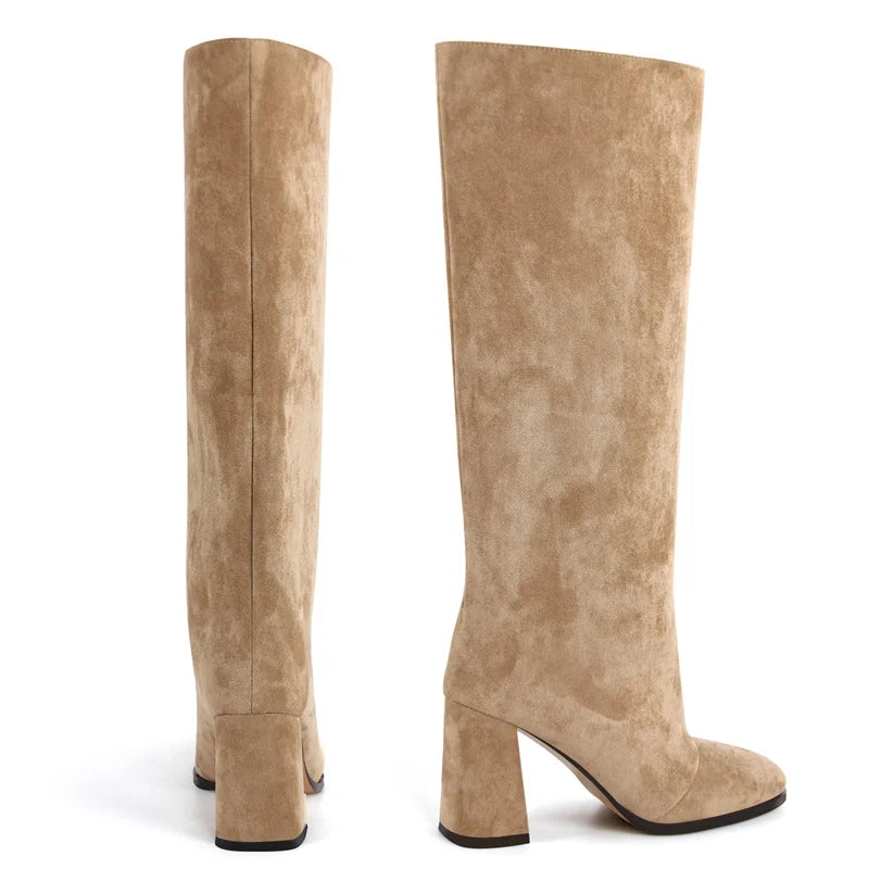 Onlymaker Square Toe Faux Suede Leather Knee-high Boots Chunky Heel Shoes Autumn Solid Slip On Fashion Elegant Boots