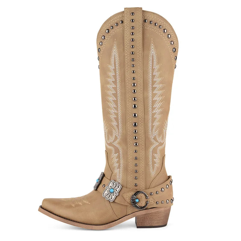Onlymaker Women Floral Western Embroidery Cowgirl Boots Pointed Toe Side Zipper Knee High with Chunky Heel  Boots
