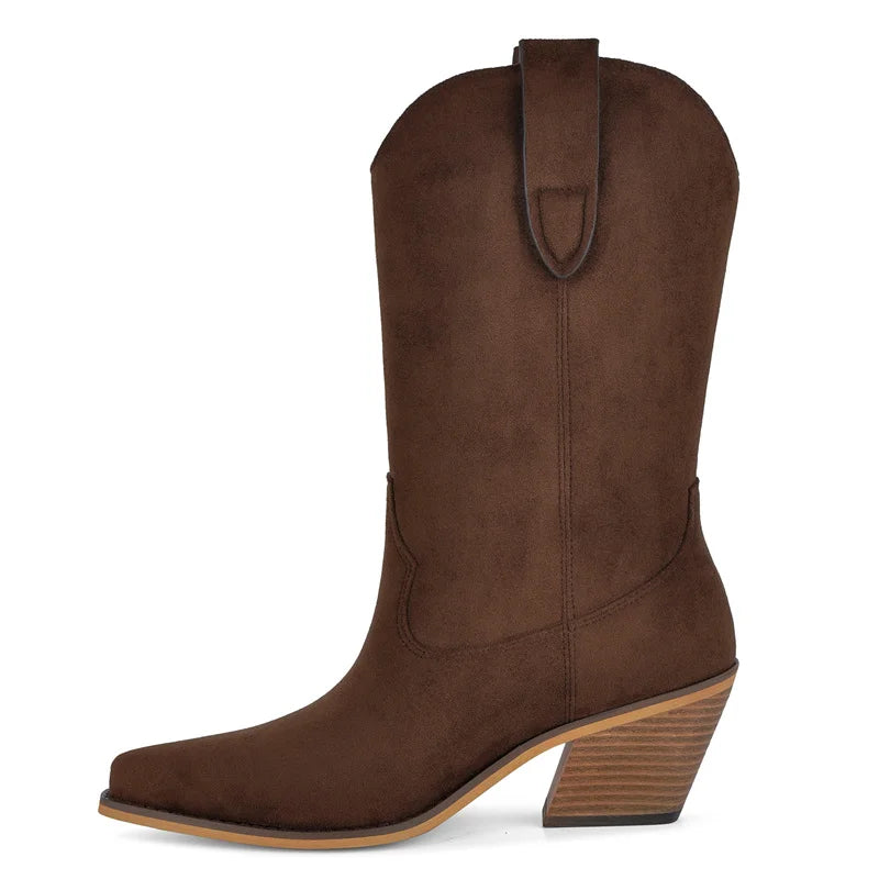 Onlymaker Women Pointed Toe Chunky High Heel Western Cowgirl Boots Hollow Mid-Calf Boots Retro Light Pull On Boots