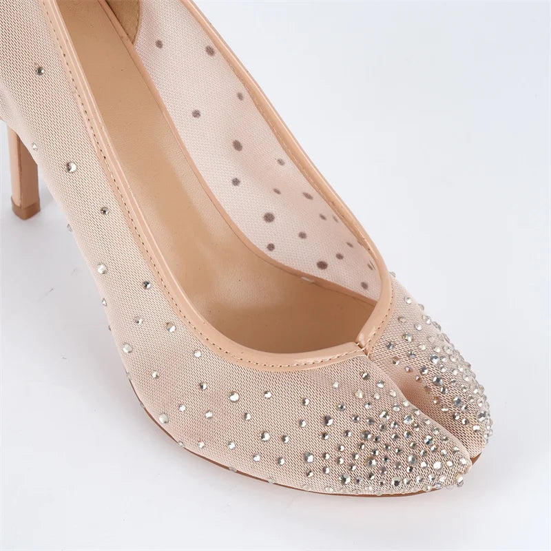 Women Split Toe 10CM Rhinestone Mesh Pumps High Heeled Big Size Slip On Party Wedding Bride  Stiletto Pumps