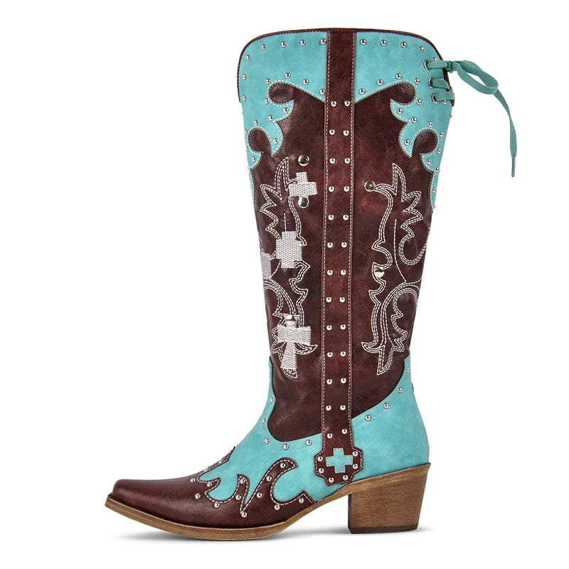 Onlymaker Women Pointed Toe Western Embroidered Studded Cowgirl Knee High Boots Lace Up Side Zipper Block Heel Mid Calf Boots