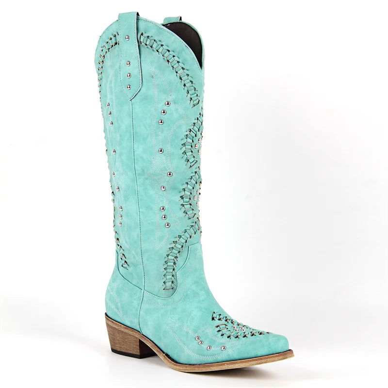 Onlymaker Women Blue Western Embroidery Cowgirl Boots Pointed Toe Side Zipper Knee High with Chunky Heel  Boots