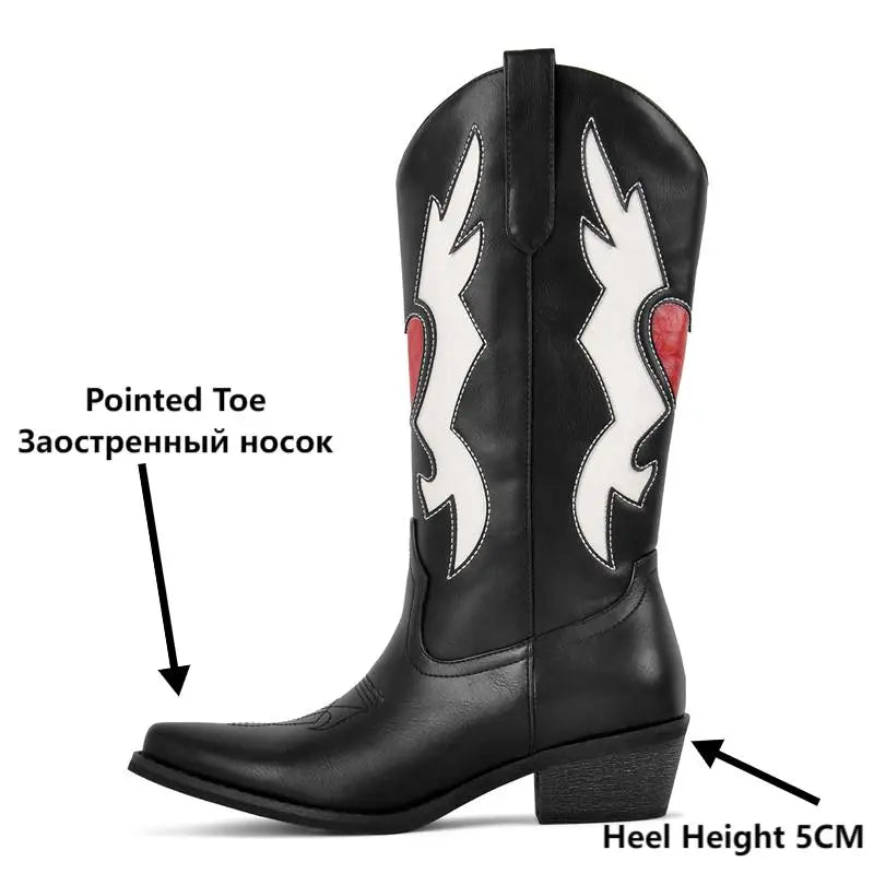 Onlymaker Pointed Toe Cowboy Boots for Women Western Cowgirl  Chunky Heel Embroidered Mid Calf  Pull On Slip on Boots
