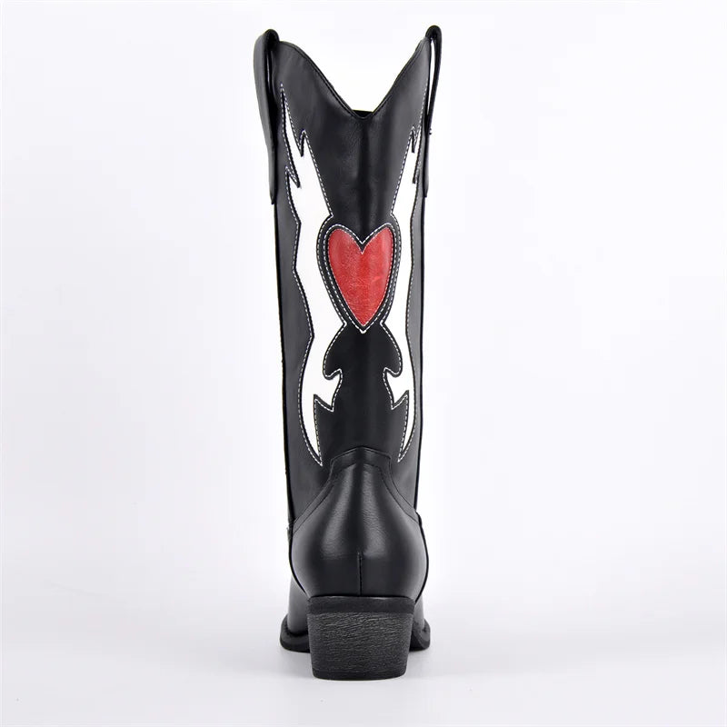 Onlymaker Pointed Toe Cowboy Boots for Women Western Cowgirl  Chunky Heel Embroidered Mid Calf  Pull On Slip on Boots