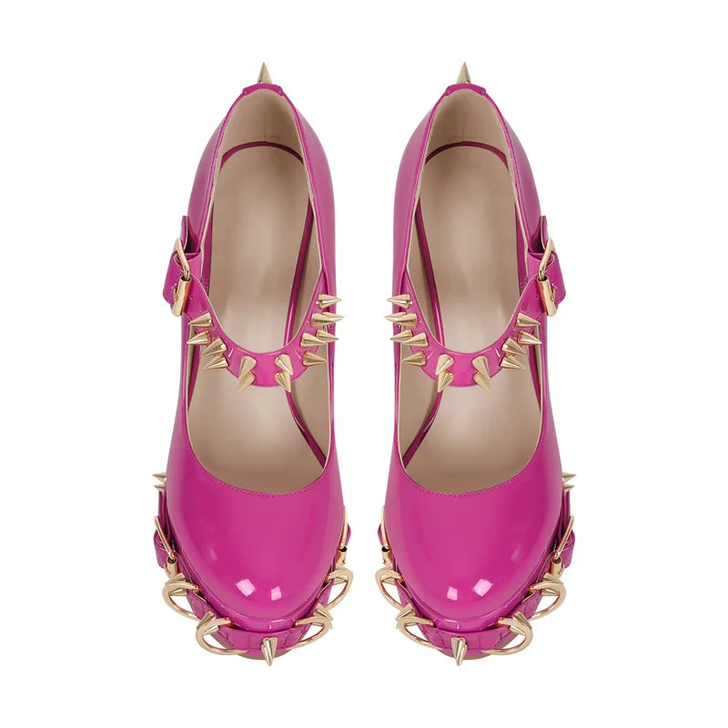 Women Rosy Red Platform Mary-Jane Gothic Buckle Belt Ring Rivet Shinny  Ankle Strap Heeled Big Size Punk Pumps