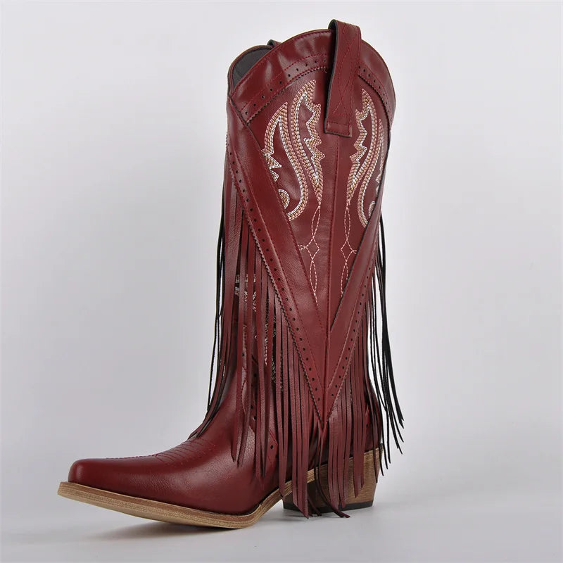 Onlymaker Women Pointed Toe Fringe Pull On Retro Western Cowgirl Boots Fringed Chunky Heel Embroidery Cowboy Boots
