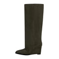 Onlymaker Woman Pointed Toe Wedge Heel Knee High Boots Winter Fashion Pull-On Handmade Boots