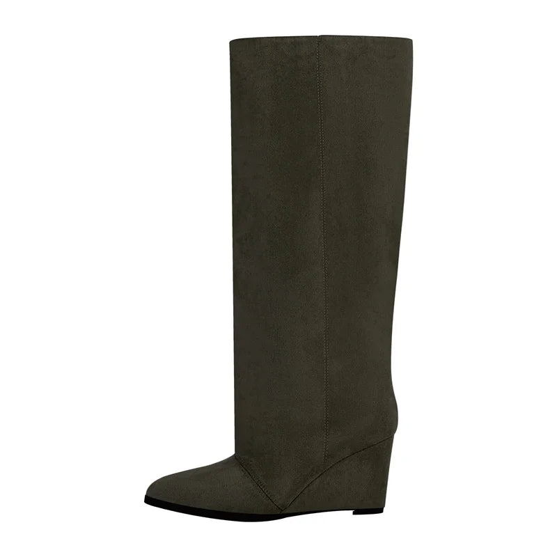 Onlymaker Woman Pointed Toe Wedge Heel Knee High Boots Winter Fashion Pull-On Handmade Boots