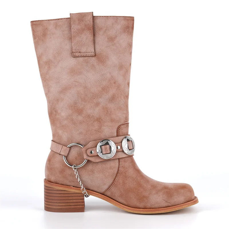 Women Metal Decor Buckle Low Block Heels Boots Wide Knee High Riding Cowgirl Pull on Western Cowboy Boots