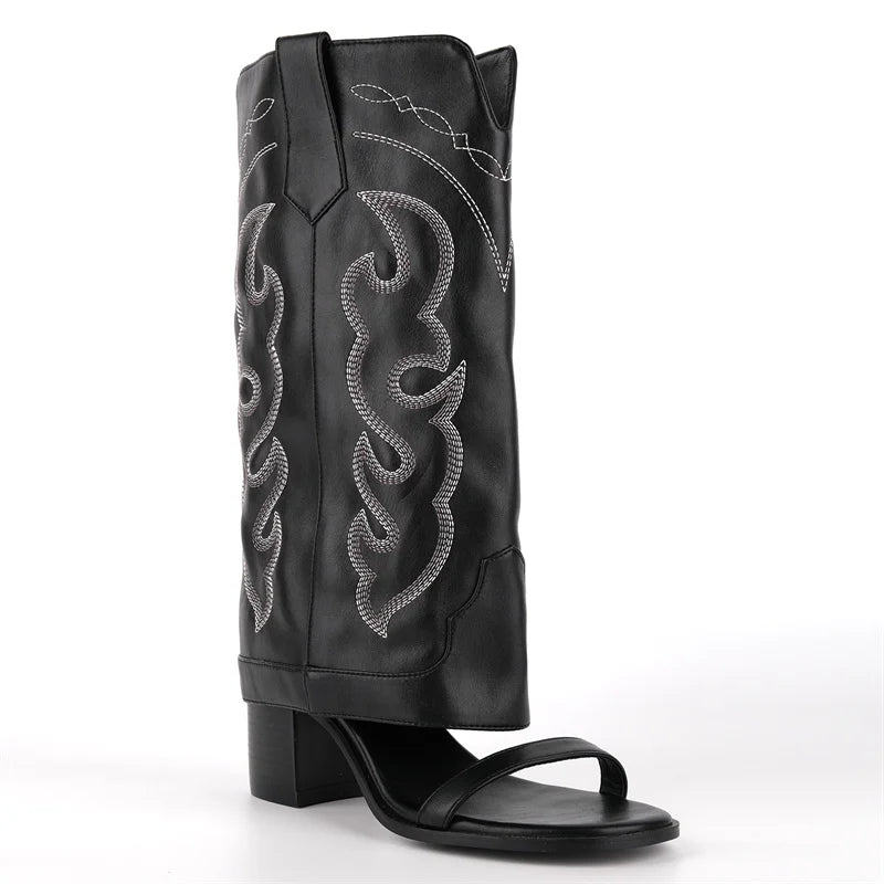 Onlymaker Women Open Toe Embroidery Chunky Heel Mid-Calf Bootie Sandals Folded Over Boots