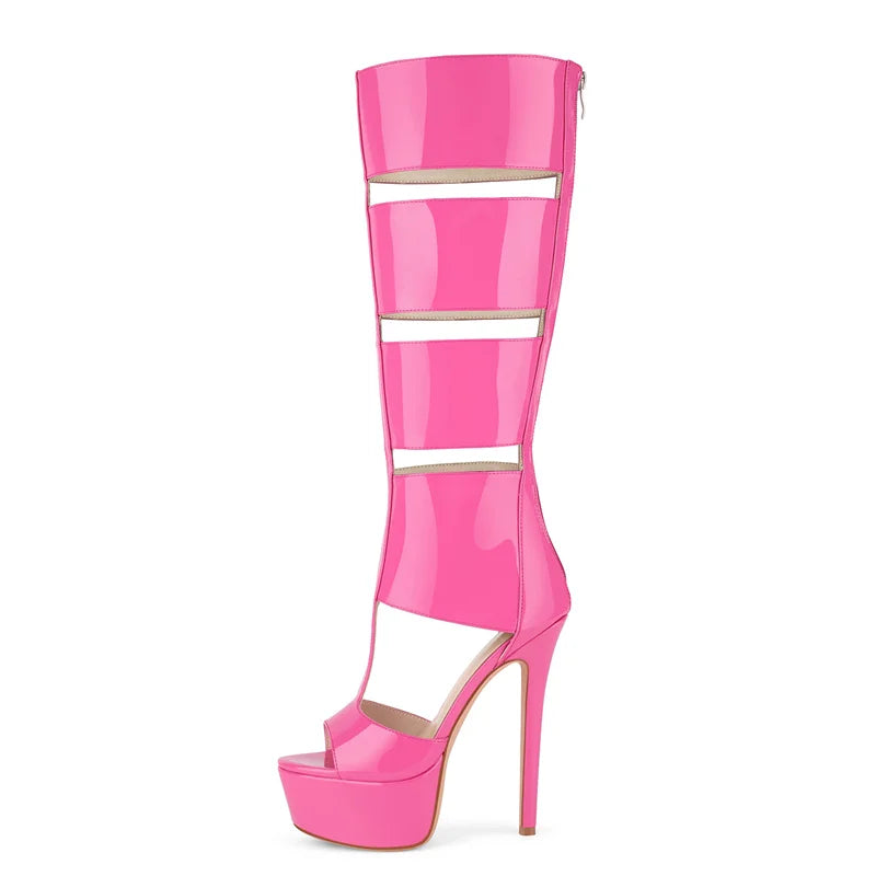 Onlymaker Women Platform Patent Leather Zipper Knee High Boots Sexy Thin High Heel Hollow Gladiator Cutout  Boots Sandals