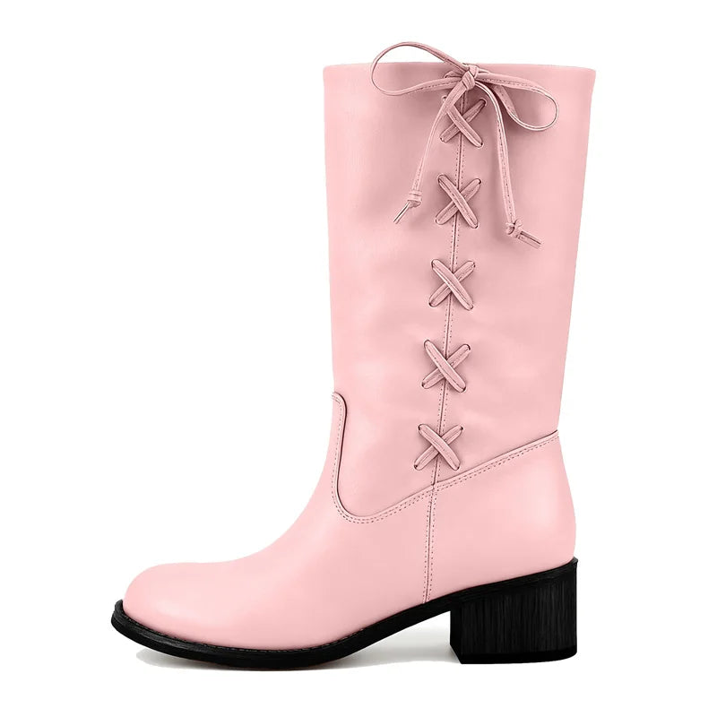 Onlymaker Round Toe Faux Suede Leather Knee-high Boots Chunky Heel Shoes Autumn Solid Slip On Fashion Elegant Boots