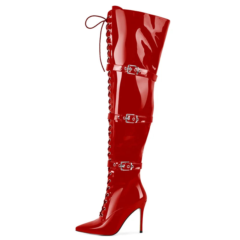 Onlymaker Women Pointed Toe Belt Buckle Over The Knee Boots Zipper Plus Size Sexy Patent Leather Wide Calf Thigh High Boots
