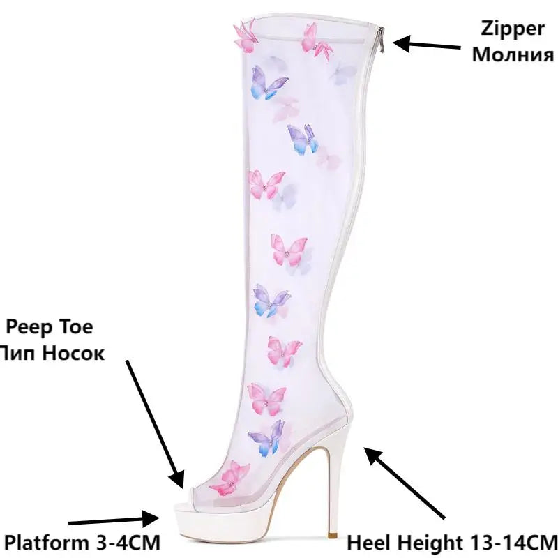 Onlymaker Women Peep Toe Butterfly Air Mesh Platform Over The Knee High Boots Zipper Sexy Sweet Thin High Heel Wedding Boots