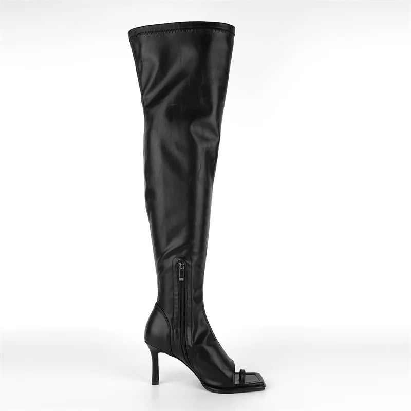Onlymaker Women Square Toe Over knee Boots  Side Zipper Heel High Sexy Thigh Boots