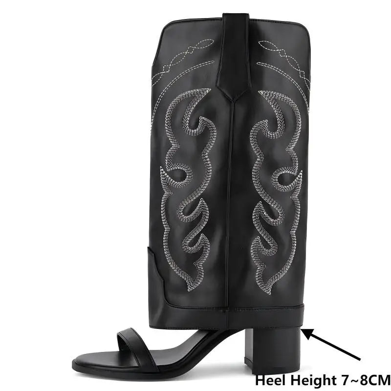Onlymaker Women Open Toe Embroidery Chunky Heel Mid-Calf Bootie Sandals Folded Over Boots