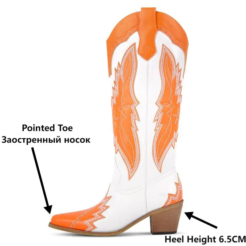 Onlymaker Women Pointed Toe Retro Pull On Western Cowgirl Boots Fringed Chunky Heel Embroidery Cowboy Boots