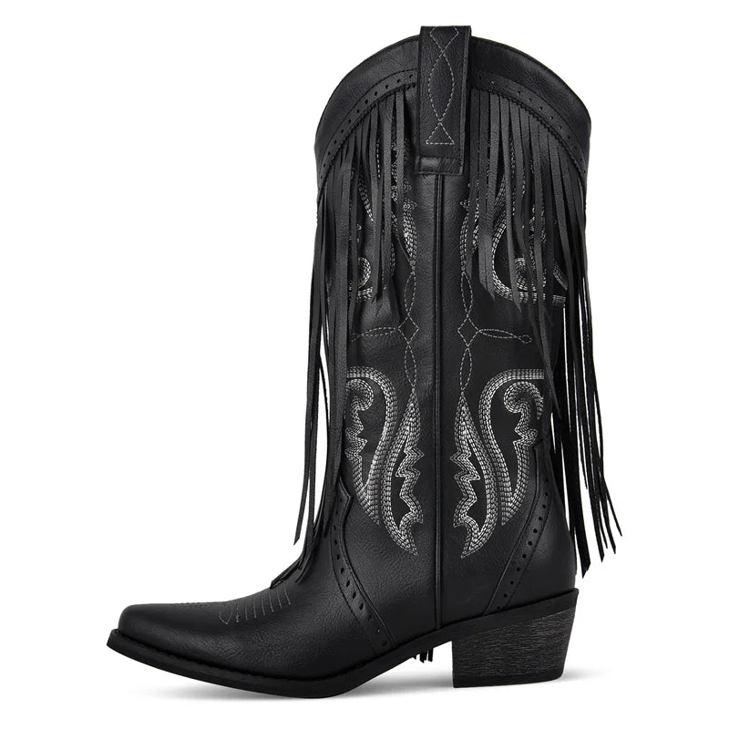 Onlymaker Women Pointed Toe Fringe Pull On Retro Western Cowgirl Boots Fringed Chunky Heel Embroidery Cowboy Boots